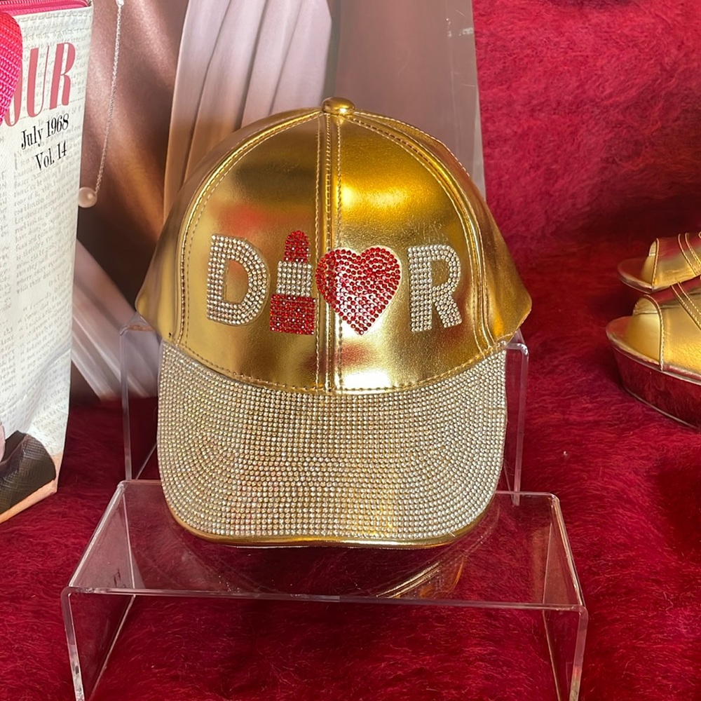 VERA NEW YORK Designer inspired RHINESTONE GOLD AND RED Baseball Hat Cap